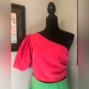 Hot Pink One Shoulder Puff Sleeve Crop Top   Sz L